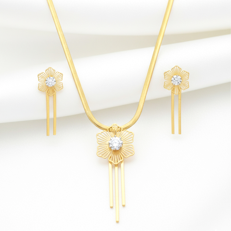 KAYYA21 Gold-Plated Floral Pendant Necklace Set – Stainless Steel | Lightweight & Anti-Tarnish | Pack of 1