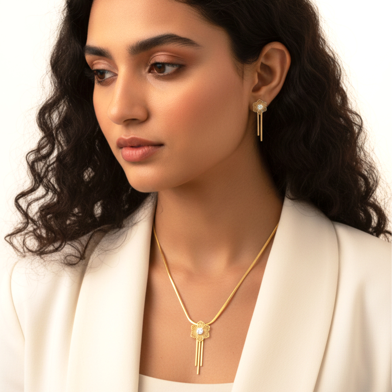 KAYYA21 Gold-Plated Floral Pendant Necklace Set – Stainless Steel | Lightweight & Anti-Tarnish | Pack of 1