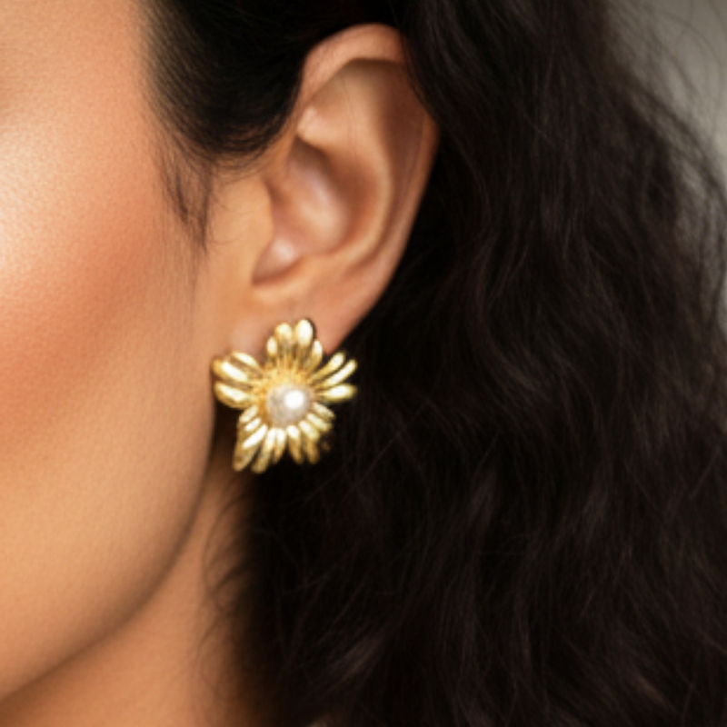 KAYYA21 Rozana Floral Pearl Gold Earrings for Women | Lightweight Stainless Steel Daily Wear Jewellery