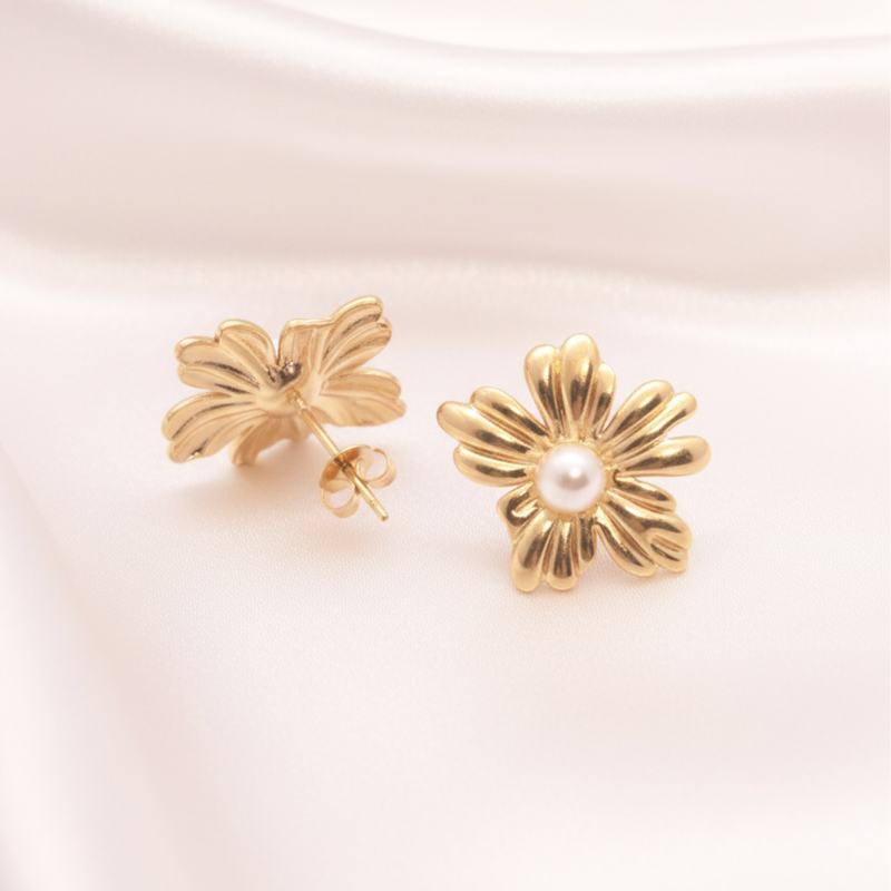 KAYYA21 Rozana Floral Pearl Gold Earrings for Women | Lightweight Stainless Steel Daily Wear Jewellery