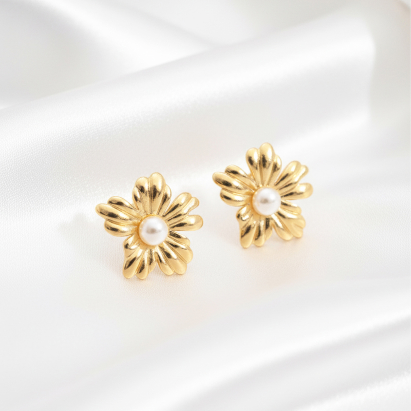 KAYYA21 Rozana Floral Pearl Gold Earrings for Women | Lightweight Stainless Steel Daily Wear Jewellery