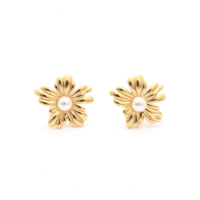 KAYYA21 Rozana Floral Pearl Gold Earrings for Women | Lightweight Stainless Steel Daily Wear Jewellery