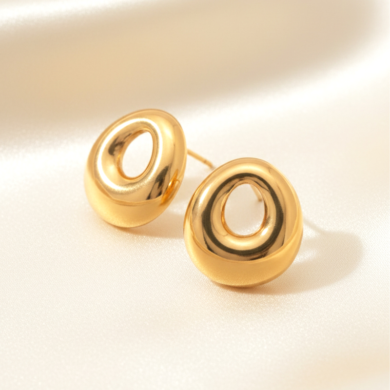 KAYYA21 Gold Hollow Donut Stud Earrings – Glossy Finish | Lightweight | Pack of 1
