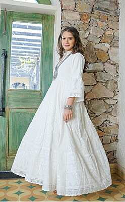 Chikankari Schiffli Gown Pant Set With Crochet Lace-OffWhite-3