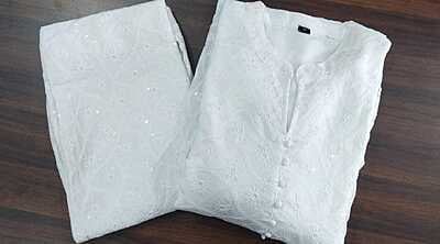 Chikankari Schiffli Gown Pant Set With Crochet Lace-OffWhite-5