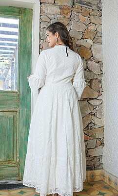 Chikankari Schiffli Gown Pant Set With Crochet Lace-OffWhite-6