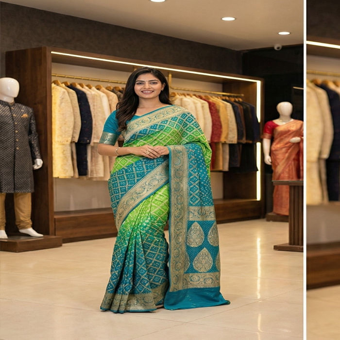 Kala Sanskruti Light Blue & Parrot Green – Color Pure Banarasi Saree – 6.5M – Elegant Traditional Wear Graceful Pure Banarasi Saree – Handcrafted Artistry for Woman