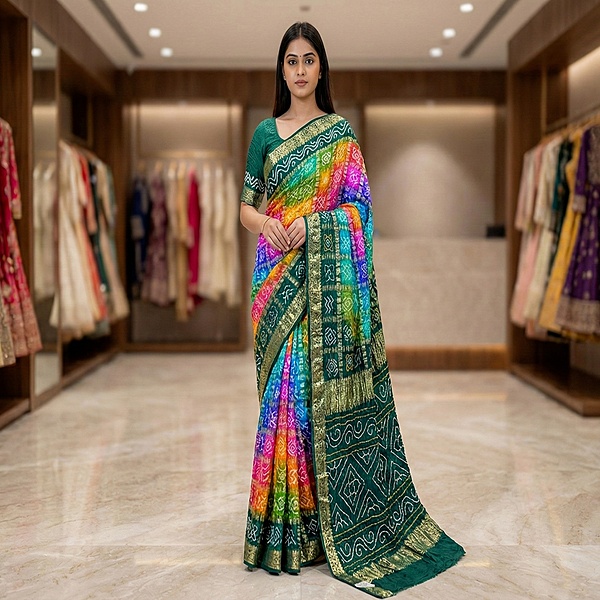 Kala Sanskruti Multi Sea Green Color Pure Gaji Silk Bandhani Saree 6.5M with Blouse Piece Elegant Traditional Wear Saree for Women