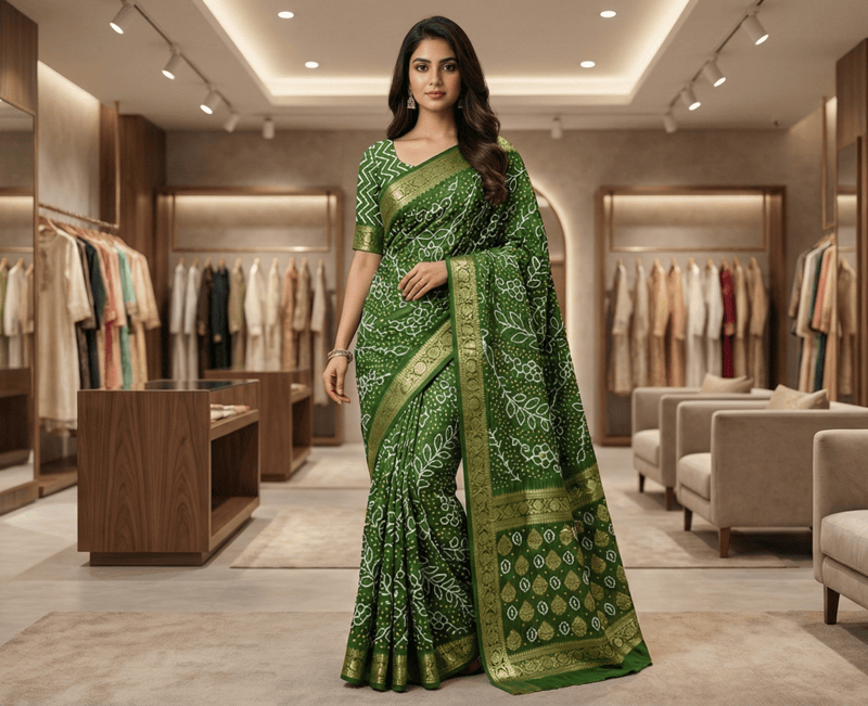 Kala Sanskruti All Over Dark Mehandi Color Pure Gaji Silk Bandhani Saree 6.5M with Blouse Piece Elegant Traditional Wear Saree for Women