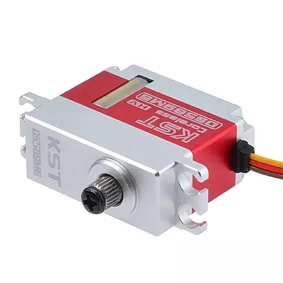 Top angle view of the KST DS589MG servo showing its CNC aluminum housing and output spline Top angle view of the KST DS589MG servo showing its CNC aluminum housing and output spline