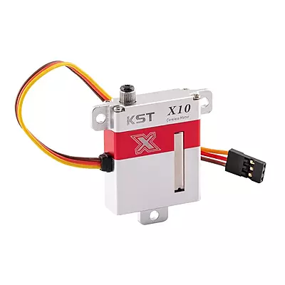Top angle view of the KST X10 servo showing its slim CNC aluminum housing and output spline Top angle view of the KST X10 servo showing its slim CNC aluminum housing and output spline