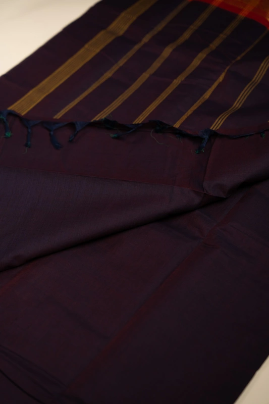 Kanchi Cotton plain body - Dark Purple with Broad Red Zari border on either side