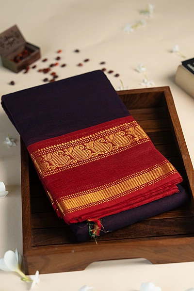 Kanchi Cotton plain body - Dark Purple with Broad Red Zari border on either side