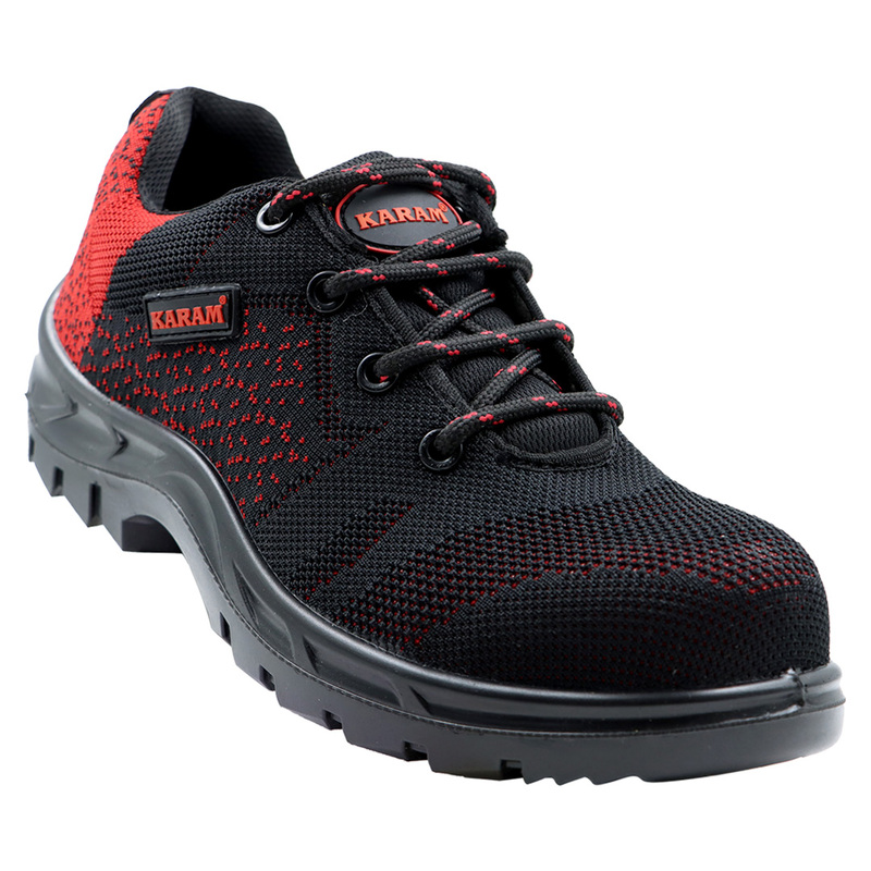 KARAM Flytex FS215 Safety Shoe | ISI Marked, Excellent Grip, Comfort & Slip Resistance | Sporty Design, Lightweight & Single Density with Composite Toe | Red & Black