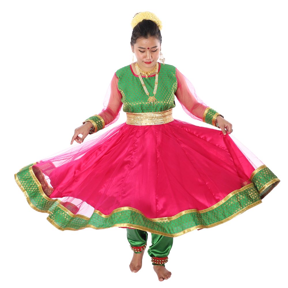 Kathak Dance Anarkali Costume Pink & Green Kathak Dance Anarkali Costume Pink & Green