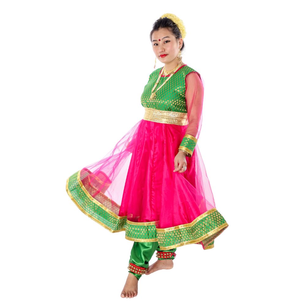 Kathak Dance Anarkali Costume Pink & Green Kathak Dance Anarkali Costume Pink & Green