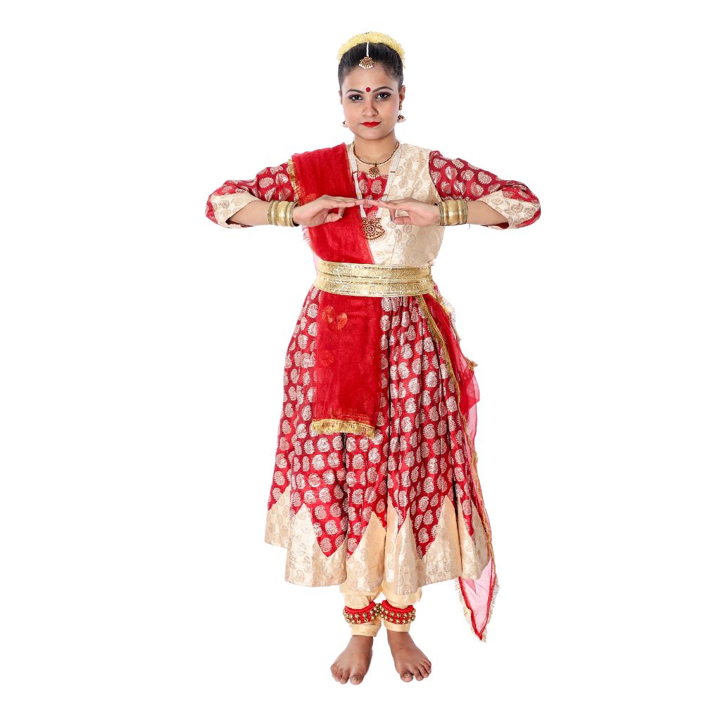 Kathak Dance Anarkali Dress Golden And Red Kathak Dance Anarkali Dress Golden And Red