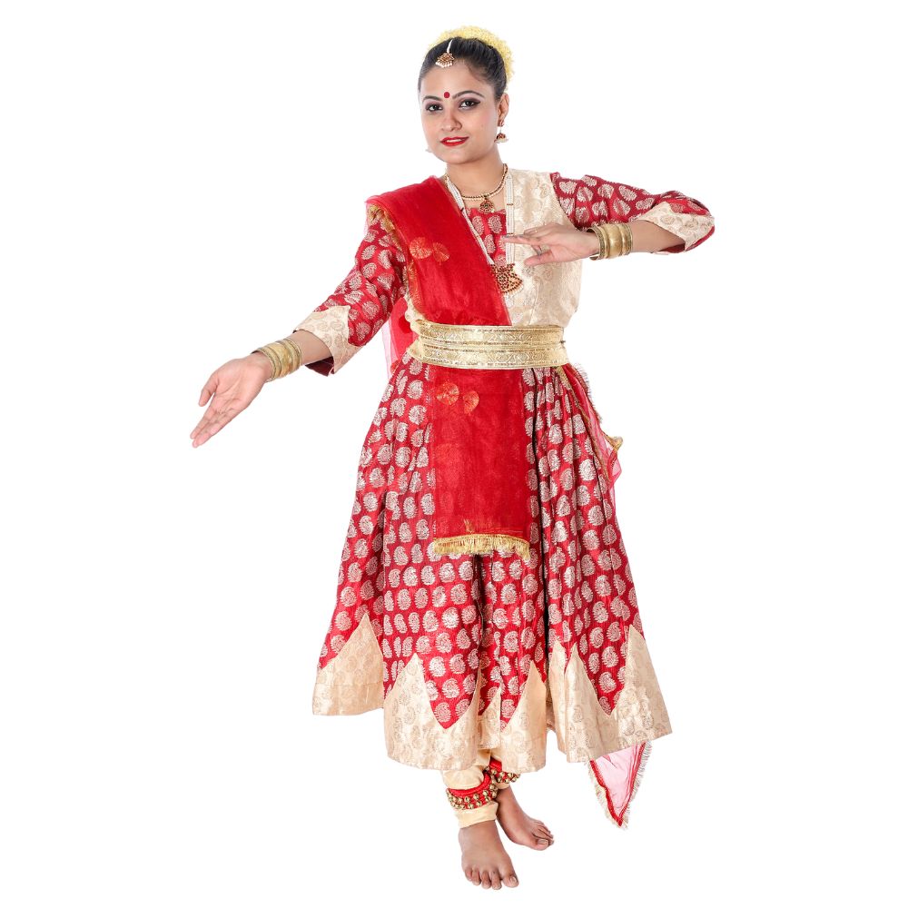 Kathak Dance Anarkali Dress Golden And Red Kathak Dance Anarkali Dress Golden And Red