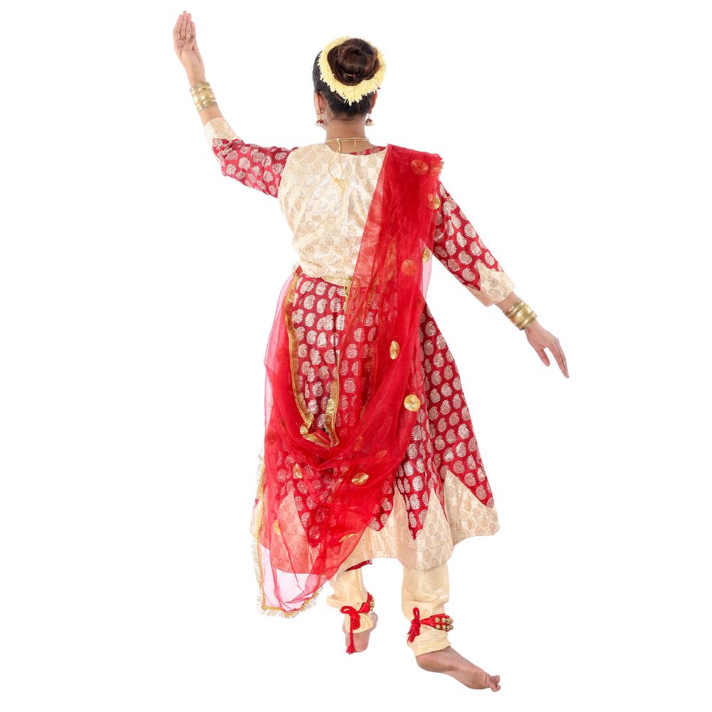 Kathak Dance Anarkali Dress Golden And Red Kathak Dance Anarkali Dress Golden And Red