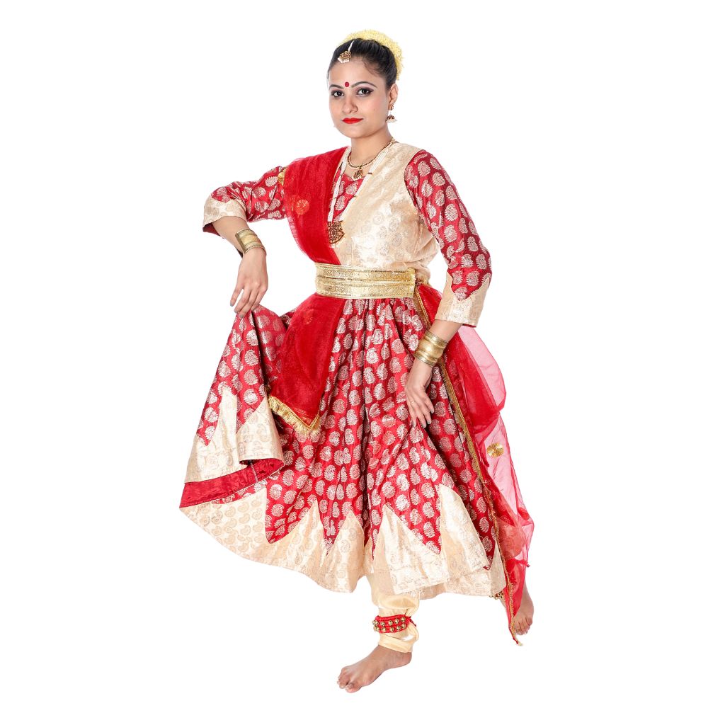 Kathak Dance Anarkali Dress Golden And Red Kathak Dance Anarkali Dress Golden And Red