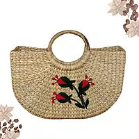 Natural Kauna grass basket with embroidery and sturdy handle