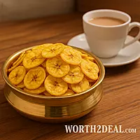 Kerala banana chips served with tea on a wooden table | Worth2Deal