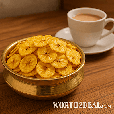 Kerala banana chips served with tea on a wooden table | Worth2Deal