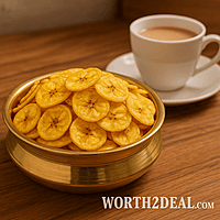 Kerala banana chips served with tea on a wooden table | Worth2Deal