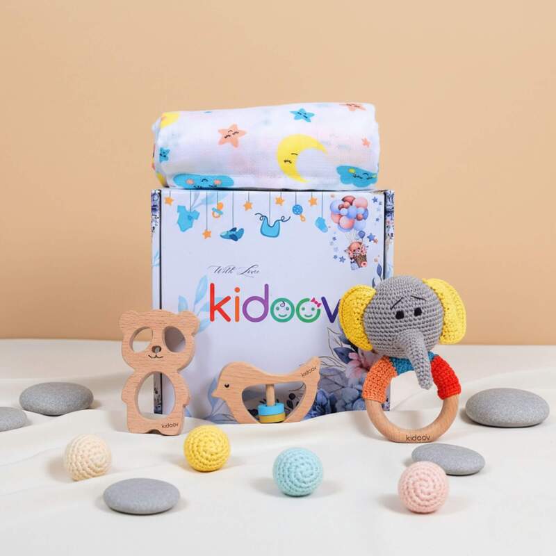 Hello World Baby Gift Set – Crochet Rattle, Wooden Teethers & Cotton Towel|Mixed Teether Gift Set