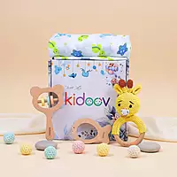 Hello World Baby Gift Set – Crochet Rattle, Wooden Teethers & Cotton Towel|Mixed Teether Gift Set