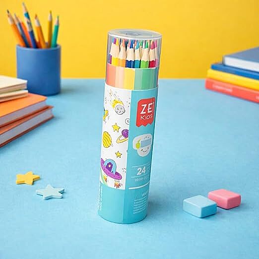 Zele Kids Vibrant Color Pencils Set with Cylindrical Tube for Storage 24 Count