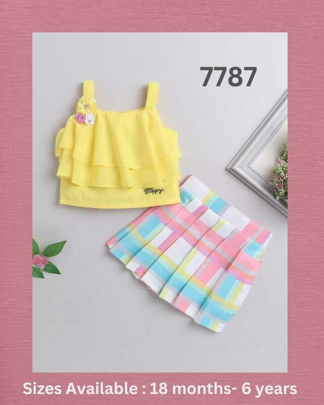 Applique Top Skirt Set For Girls-Yellow
