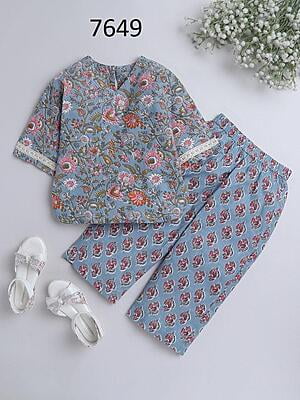 Fine Block Printed Co-Ord Set For Girls Catalogue 2-Grey-2