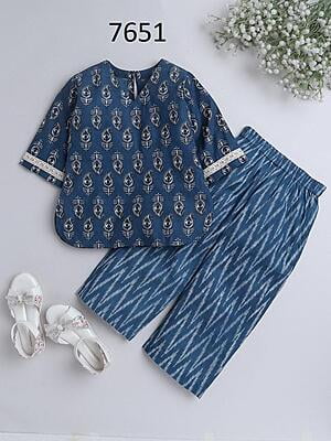 Fine Block Printed Co-Ord Set For Girls Catalogue 2-Indigo-2