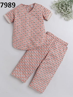 Fine Block Printed Co-Ord Set For Girls Catalogue 2-Peach-1
