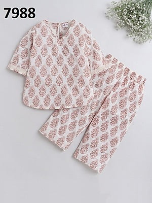 Fine Block Printed Co-Ord Set For Girls Catalogue 2-White-1