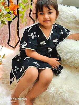 Fine Block Printed Soft Cotton Kaftan For Girls-Black-5 Fine Block Printed Soft Cotton Kaftan For Girls-Black-5
