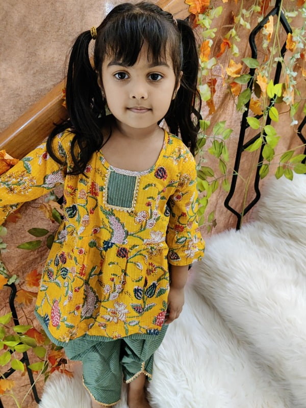 Fine Soft Cotton Dhoti Kurta Set For Girls-Mustard-1 Fine Soft Cotton Dhoti Kurta Set For Girls-Mustard-1