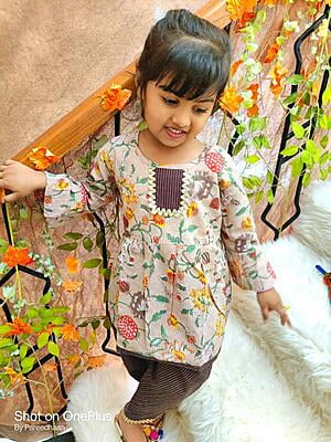 Fine Block Printed Soft Cotton Peplum Top Dhoti Set For Girls-Brown-1