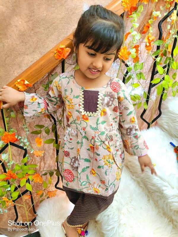 Fine Block Printed Soft Cotton Peplum Top Dhoti Set For Girls-Brown-1 Fine Block Printed Soft Cotton Peplum Top Dhoti Set For Girls-Brown-1