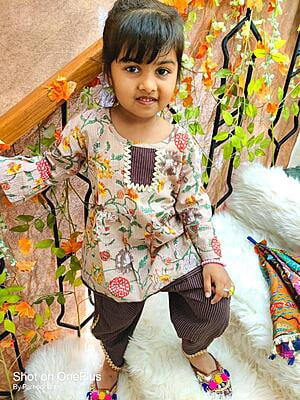 Fine Block Printed Soft Cotton Peplum Top Dhoti Set For Girls-Brown-4 Fine Block Printed Soft Cotton Peplum Top Dhoti Set For Girls-Brown-4