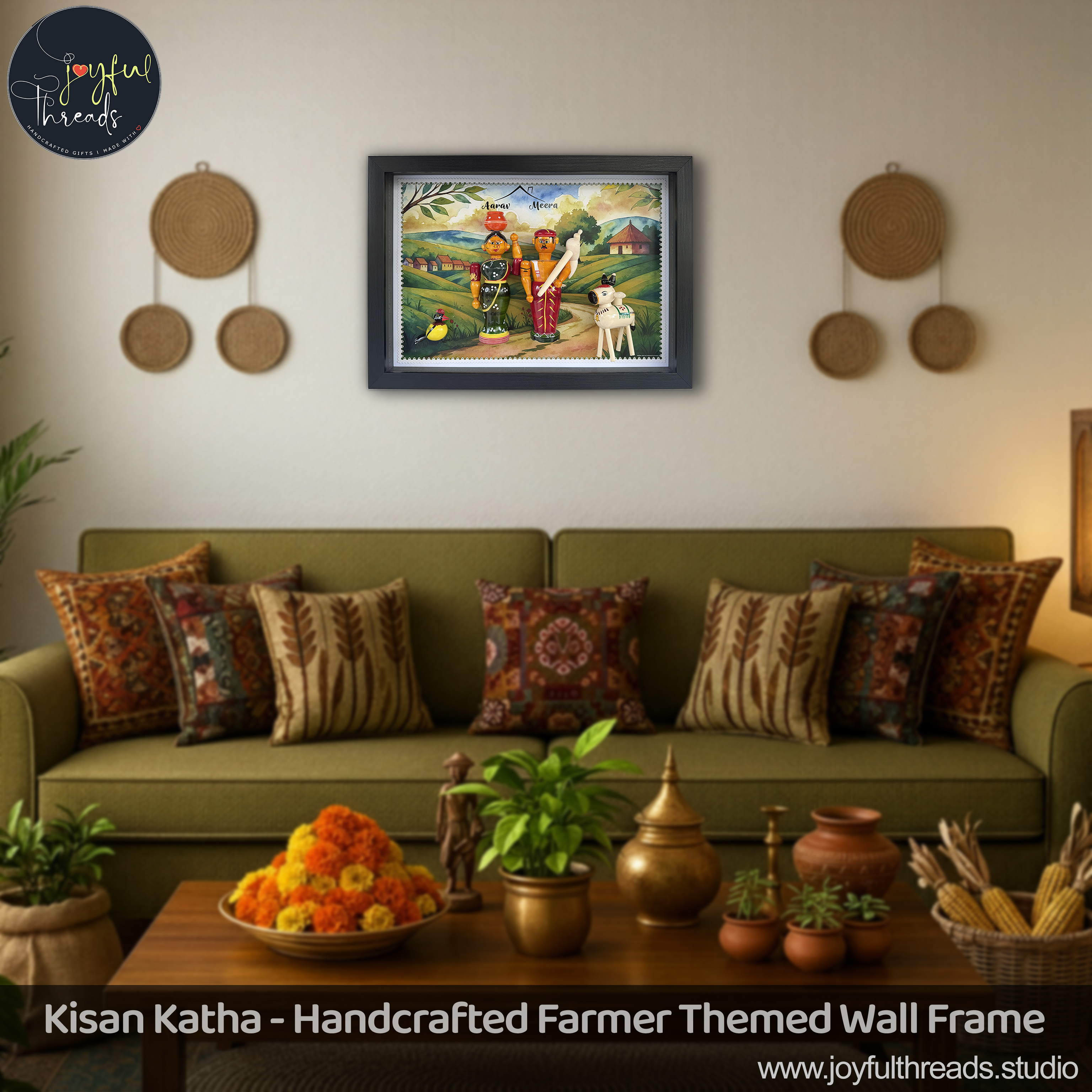 Kisan Katha - Handcrafted Farmer Themed Wall Frame with Wooden Dolls -  19x13 Inch