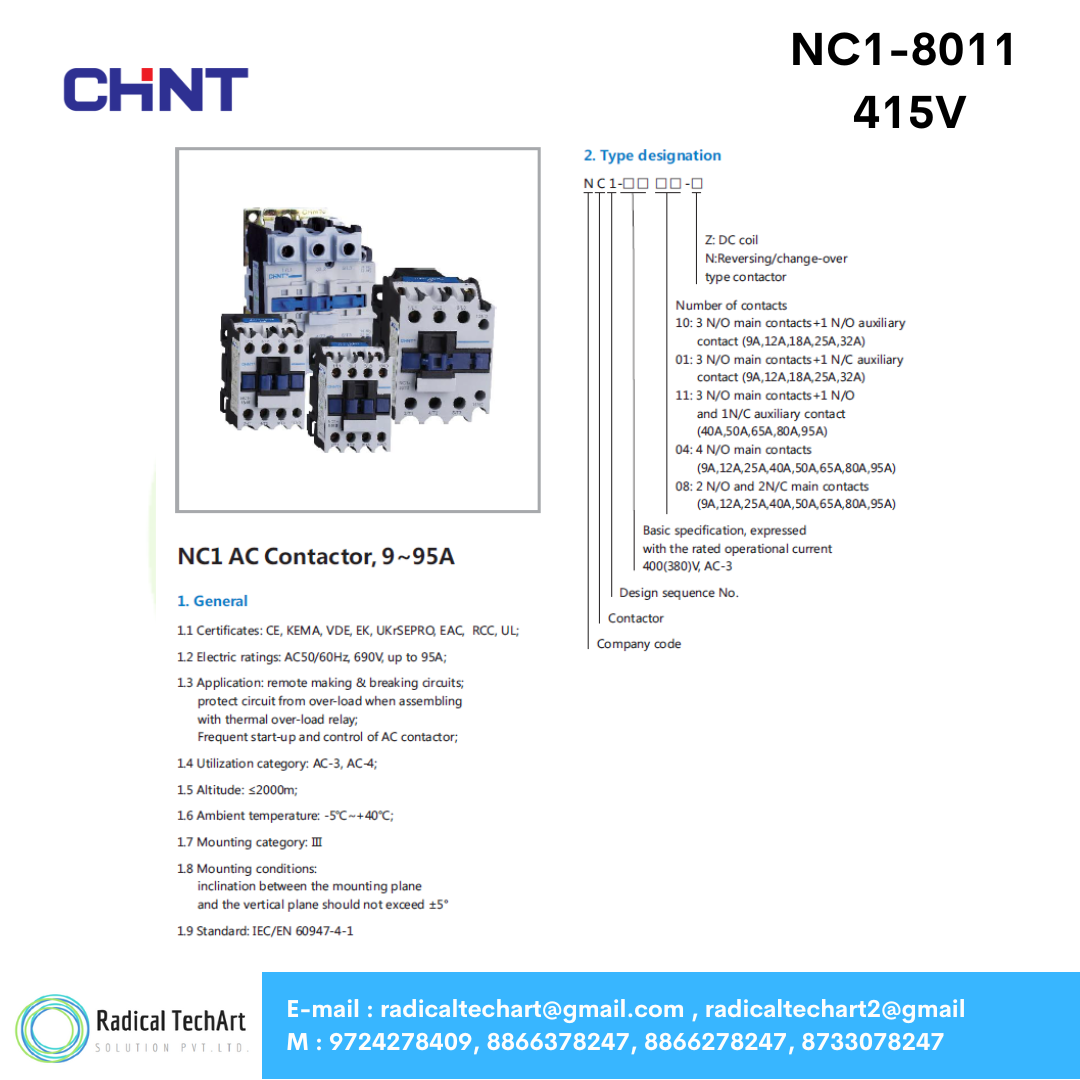 Chint NC1-80 3P AC Contactor – 95A, 690V Rated