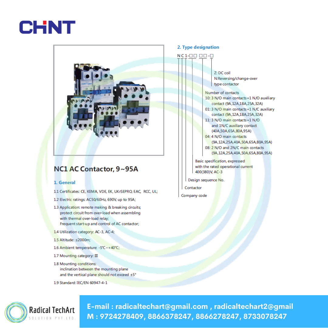 Chint NC1-25 3P Contactor front and side view