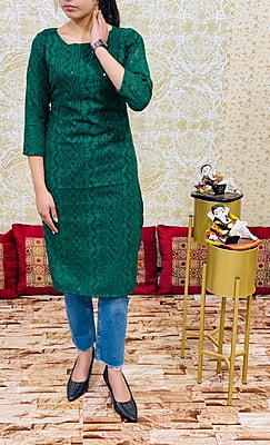 Pure Georgette Lucknowi Kurtis With Lining-BottleGreen