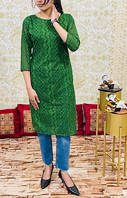 Pure Georgette Lucknowi Kurtis With Lining-Green