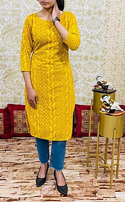 Pure Georgette Lucknowi Kurtis With Lining-Mustard