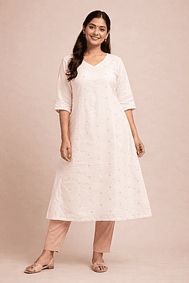 Off-White Cotton A-Line Kurta with Multicolor Floral Embroidery