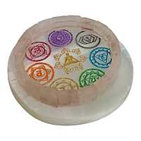 ANKKJYOTI Selenite Air Plate (7 Chakra Design – Small Figurine, Large Chakras) 6" x 1"