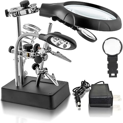 LED Lighted Magnifying Glass Soldering Station | 2.5X 7.5X 10X Hands-Free Magnifier with Clips LED Lighted Magnifying Glass Soldering Station | 2.5X 7.5X 10X Hands-Free Magnifier with Clips